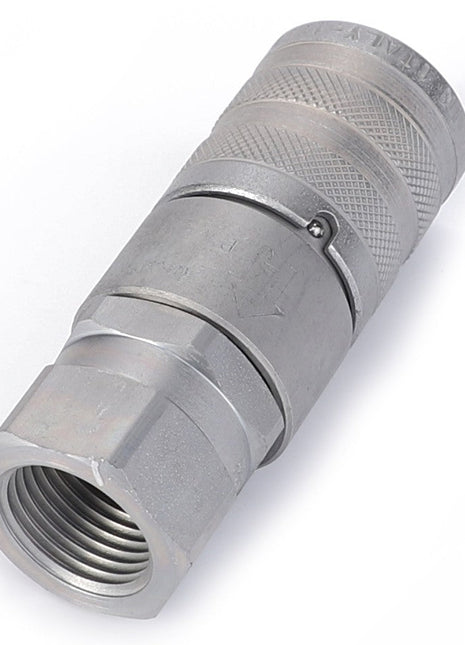 A close-up image of the AGCO | Quick Coupler - Al5044976, a metallic hydraulic quick-release coupling with a threaded end, featuring a knurled grip and a locking mechanism, compatible with Fendt tractors.