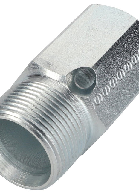 A close-up photo of the AGCO | Connecting Nut - F395200510160, featuring a metal threaded pipe fitting with a hexagonal section for tightening, expertly showcasing its precise engineering.
