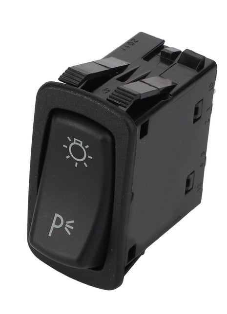 The AGCO | ROCKER SWITCH - AG330500 by AGCO is a black rectangular switch featuring a sun icon and a "P" symbol, commonly used for parking lights. No current product description information is available.