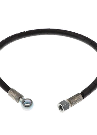 A coiled black hydraulic hose, AGCO | HOSE - AL1103427, with metal fittings on each end—one end featuring an eyelet and the other a hexagonal nut. No current product description information is available for this item.