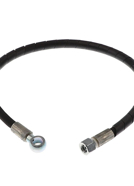A coiled black hydraulic hose, AGCO | HOSE - AL1103427, with metal fittings on each end—one end featuring an eyelet and the other a hexagonal nut. No current product description information is available for this item.
