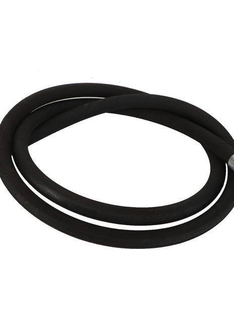 The AGCO HYDRAULIC HOSE - AL9031010 is a coiled black rubber hydraulic hose with metal fittings on both ends. No current product description information is available.