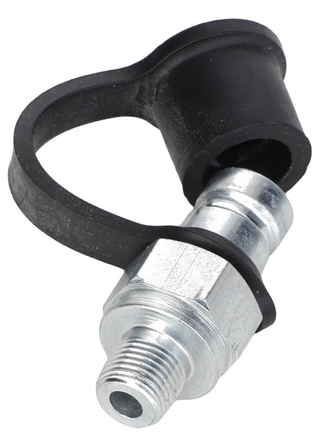 A close-up of the AGCO NIPPLE - AG519172, a metal hydraulic fitting featuring a black plastic cap attached by a flexible strap.