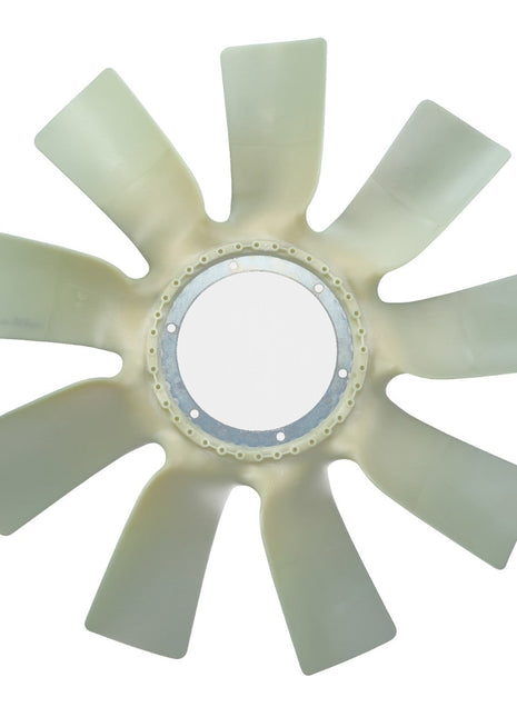 The AGCO Fan Blade, model F931202040010, featuring nine blades and designed for engine temperature management within a tractor’s radiator, is showcased from the front against a white background.