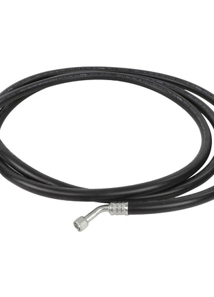 The AGCO | Air Conditioning Hose - Acw192351A is a robust, coiled black hydraulic hose with expertly attached metal fittings on each end.