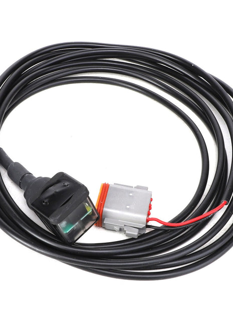 Product Description: The AGCO | HARNESS - ACP0304590 is a coiled black cable featuring a plug on one end and a gray connector with a red wire on the other. For any inquiries or issues, please contact our support team.