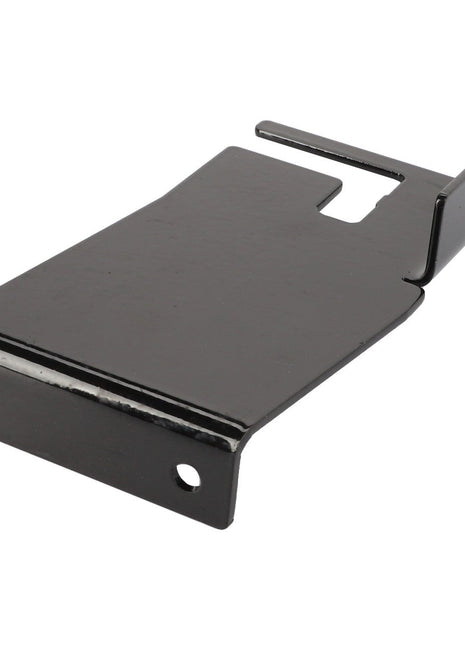 The AGCO Bracket - 6305514M1 is a black metal bracket featuring two holes on one end and an extended hook on the opposite end, designed for mounting or securing. No current product description available for this product.
