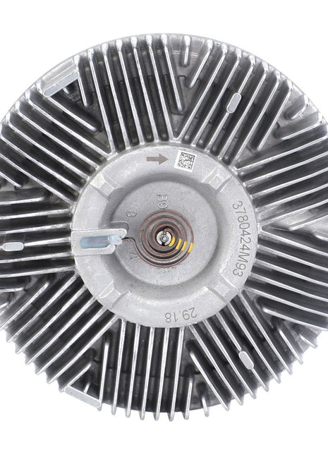 Top view of the AGCO | Clutch - 3783351M1, a metallic circular automotive cooling fan clutch featuring numerous radial fins and a central mounting hole, showcasing rugged engineering akin to that seen in Massey Ferguson tractors.