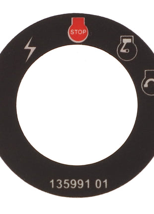 The AGCO DECAL - AG135991 is a black control panel overlay featuring various icons and text. It includes a lightning bolt, red "STOP" button, flask, and telephone icons. The text at the bottom reads "135991 01." There is currently no detailed product description available.