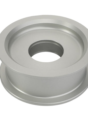 The AGCO | Pulley - Acw1275100 by AGCO is a sleek, silver, cylindrical metal pulley featuring a wide central hole and slightly raised edges on both sides.