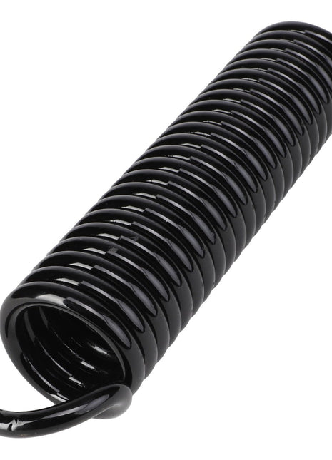 A close-up image of the AGCO | FLEXIBLE SPRING - BD6015, a black coiled spring with hooks at both ends. Product description information is not currently available.