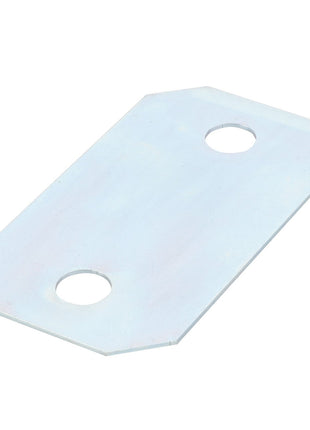 The AGCO | Shim - Acw1431890 is a rectangular metal plate featuring two circular holes situated near each end. The corners are expertly cut at 45-degree angles, providing a sleek and refined finish.
