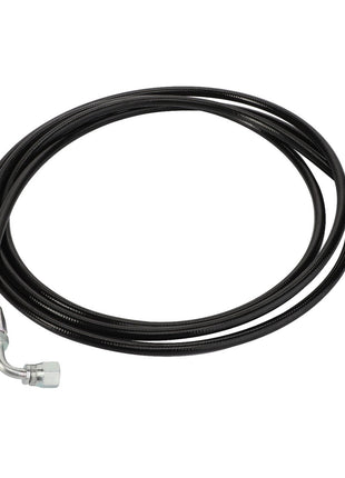 Product Description: The AGCO Grease Line - Acw1792740 by AGCO is a black hydraulic hose featuring metal fittings on both ends, coiled in a loop.