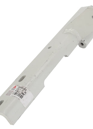 Product Description: The AGCO BRACKET - D28781312 is a white, rectangular metal component featuring various holes and a label with text. It has a distinctive curved end and a small protrusion on one side, though no current product description information is available for further details.