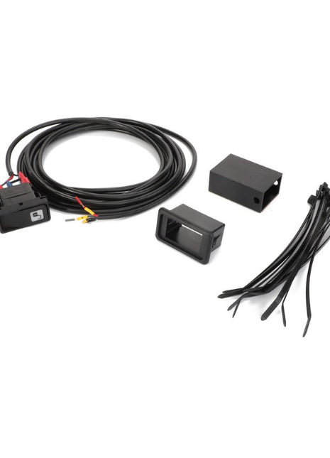 Image of the AGCO Safety Start Switch (AL5201088), from the brand AGCO, neatly arranged on a white background. The kit includes a safety start switch, wiring harness, control box, and several black zip ties. No current product description information available for this set.