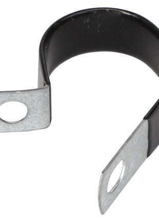 Introducing the AGCO P-CLIP | AG519751: A sturdy metal P-clamp with a black rubber coating, designed with two flat ends featuring circular holes for easy mounting.