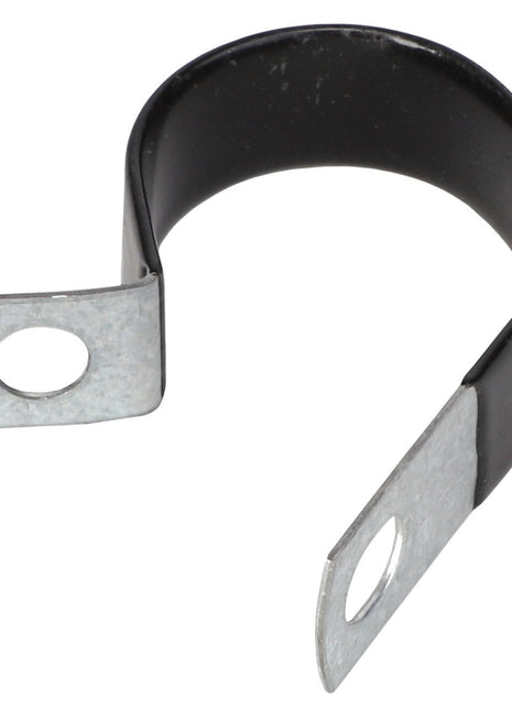 Introducing the AGCO P-CLIP | AG519751: A sturdy metal P-clamp with a black rubber coating, designed with two flat ends featuring circular holes for easy mounting.