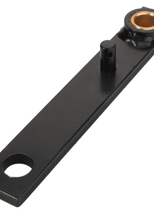 The AGCO | LEVER - D28781125 is a black metal bracket with a circular hole at one end and a bronze bushing at the opposite end. It features a small cylindrical protrusion near the bushing. No further product description information is available beyond these details.