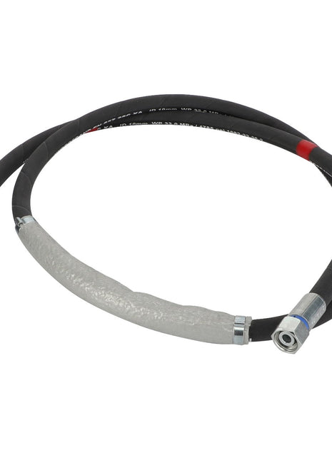 The AGCO | Hydr. Hose - 4389138M1 is a black hydraulic hose with metallic connectors on both ends and features a protective sleeve covering part of its length. Please note: No current product description is available.