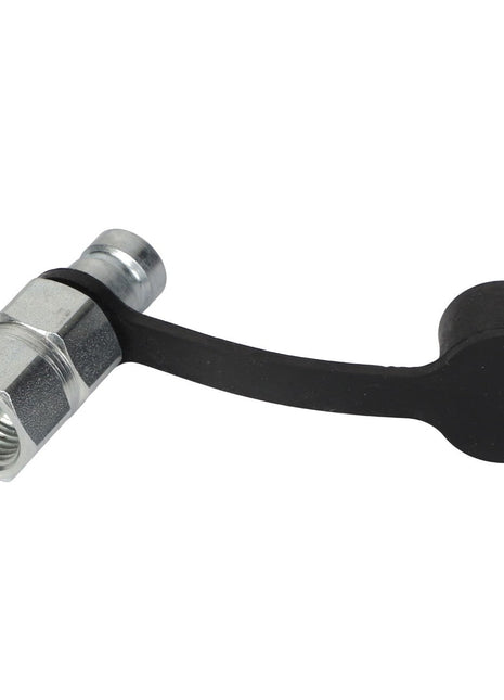 A metal hexagonal fitting, specifically the AGCO | PRESSURE TEST PORT FITTING - AG519114, attached to a short, curved black lever with a circular end. Currently, there is no further product description information available.