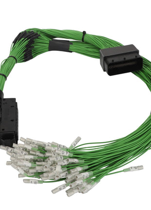 Introducing the AGCO Harness - Act0054200: A green multi-wire cable assembly from AGCO, featuring connectors at both ends and numbered tags on the individual wires.