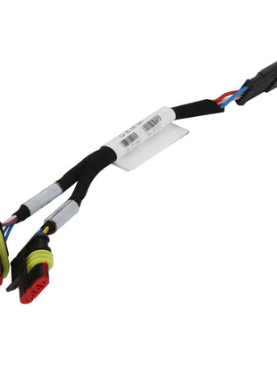 AGCO's Wiring Harness - Acp0420690 features three connectors: two red and black connectors joined by a black and red wire, and one solitary black connector connected by a sleek black wire.