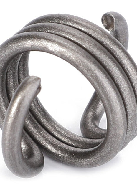 The AGCO PULLING SPRING - F822100150030, a small and metallic coiled object with a smooth surface and a tangled, twisted shape, stands upright against a white background.