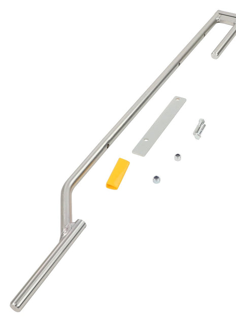 The AGCO | LOCKING KIT - AL4501178 by AGCO features a metal door handle assembly kit, which includes a long silver handle, an orange plastic piece, a small metal plate, and additional screws and nuts, all laid out on a white background. No current product description information is available.