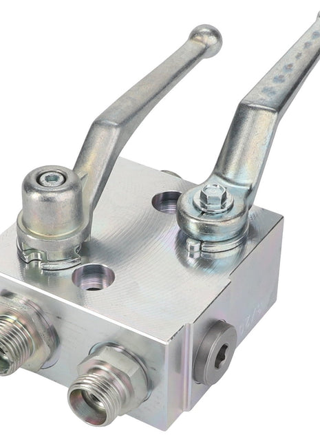 The AGCO Reversing Valve - Acw878680A, a metal hydraulic control valve featuring two levers and multiple ports, is utilized for regulating fluid flow in machinery. No current product description information is available.

