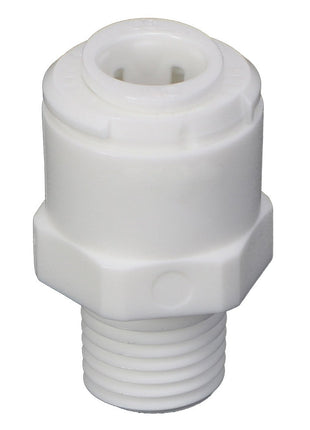 The AGCO | ADAPTER FITTING - AG516481 is a white plastic pipe fitting featuring a threaded end and a hexagonal nut for secure attachment.