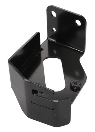 The AGCO | Sensor Bracket - Acx2337330 is a black, metal bracket featuring a rectangular opening in the center, two mounting holes, and an angular, folded design.