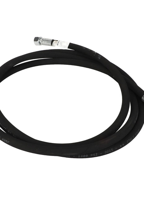 A coiled black hydraulic hose with metal connectors on both ends, suitable for industrial machinery and equipment. Refer to AGCO | WARNING DECAL - ACP0535840 for further details. Brand Name: AGCO.