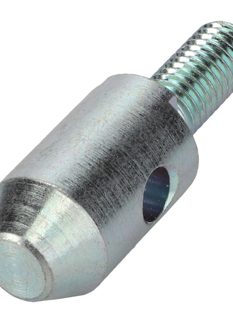 Close-up image of the AGCO Shield Alignment Pin - Acw1961290, showcasing its threaded metal bolt with a cylindrical head and a tapered tip, featuring a through-hole near its middle.