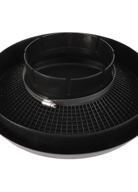 Product: AGCO | HOOD AIR INLET - AG600849
Brand: AGCO

Description: The AGCO HOOD AIR INLET - AG600849 is a round black plastic air intake adapter designed with a mesh screen, central circular opening, and an adjustable metal clamp. No additional product description details are currently available beyond these features.