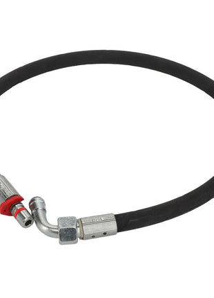 AGCO's hydraulic hose, model AL9031141, is a black rubber hose with metal fittings at both ends, featuring a right-angle bend and a red clamp near one fitting.