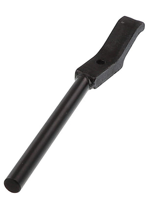 AGCO | BRACKET - AL10357981 by AGCO: A black, L-shaped metal tool with a cylindrical handle, featuring a sleek flat lever extension.