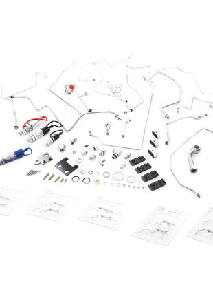 The AGCO Power Beyond Kit (ACW015268A) by AGCO, which includes an assortment of mechanical components such as tubes, valves, bolts, and instructional sheets, is meticulously arranged on a pristine white surface.