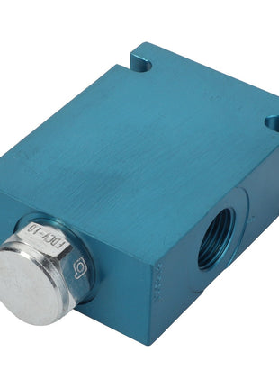 The AGCO Current Regulator - Acp0701590 is a blue rectangular metal hydraulic flow control valve featuring a round silver adjustment knob on the left side and a threaded port on the right side.