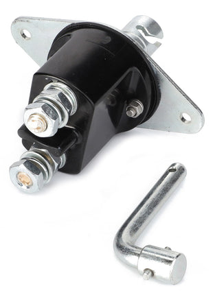 AGCO | BATTERY DISCONNECT SWITCH - AG520910, a metal automotive relay featuring two large bolts and a small mounting bracket, equipped with a detachable L-shaped metallic lever or key.