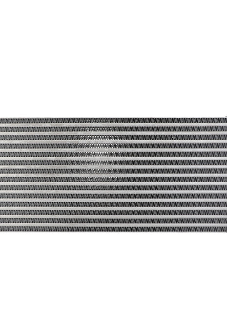 Image of an AGCO | Intercooler - Acp0419680 used for cooling the engine. It showcases a metallic core with a series of horizontal cooling fins and two black connectors at the ends, essential for efficient thermal management.