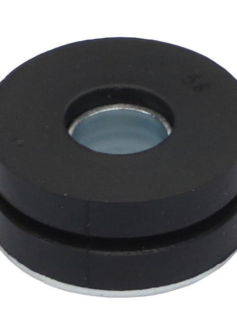 The AGCO | Isolator - Acx0034030, manufactured by AGCO, is a black rubber grommet featuring a hollow center and a metal insert at its core, designed for effective protection or insulation of materials.