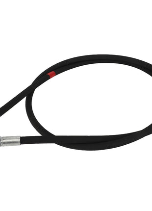 An AGCO Hose - Acw2207380, a sleek black hydraulic hose featuring metal fittings on both ends, is perfectly coiled against a pristine white background.