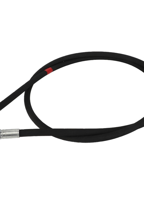 An AGCO Hose - Acw2207380, a sleek black hydraulic hose featuring metal fittings on both ends, is perfectly coiled against a pristine white background.