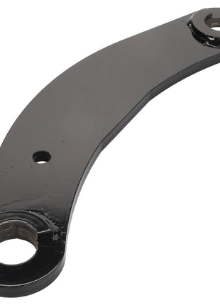 The AGCO | LINK - AL142889 by AGCO is a black metal bracket featuring a curved design and two circular holes at each end, designed for attachment or support purposes.