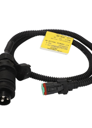 The AGCO | Harness - Acw343595A is a black coiled cable featuring a three-prong connector at one end and a black and red connector at the other, marked by a yellow identification tag. Currently, there is no detailed product description available.