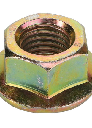 AGCO's BOLT - D46150570 is a metallic hexagonal nut with a flange, featuring a threaded interior and a smooth, flat base.