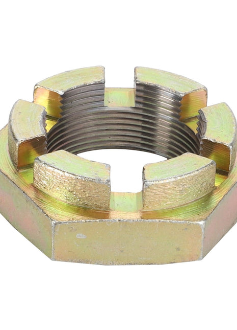 A close-up image of the AGCO | NUT - D41048200 metal castellated nut by AGCO, showcasing its hexagonal shape with multiple slots designed for secure attachment to a bolt.