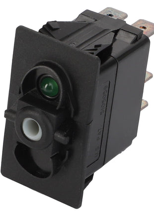 Close-up of the AGCO SWITCH - D45050054, a black rocker switch featuring an integrated green LED indicator and four metal terminals on the back.