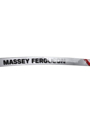 A sleek, curved metallic nameplate labeled "AGCO | DECAL - AL11137078" from the AGCO brand, featuring bold black lettering for "Massey Ferguson" and striking red and white striped accents on the right side.