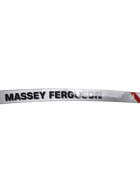 A sleek, curved metallic nameplate labeled "AGCO | DECAL - AL11137078" from the AGCO brand, featuring bold black lettering for "Massey Ferguson" and striking red and white striped accents on the right side.
